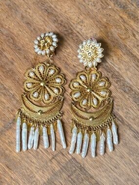 Mercedes Salazar Gold Pearl Filigree Dangle Earrings